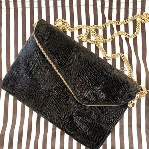 Henri Bendel, shoulder bag, clutch, black, textured shine, evening